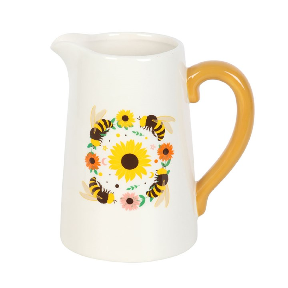 Bee and sunflower motif ceramic jug on white background