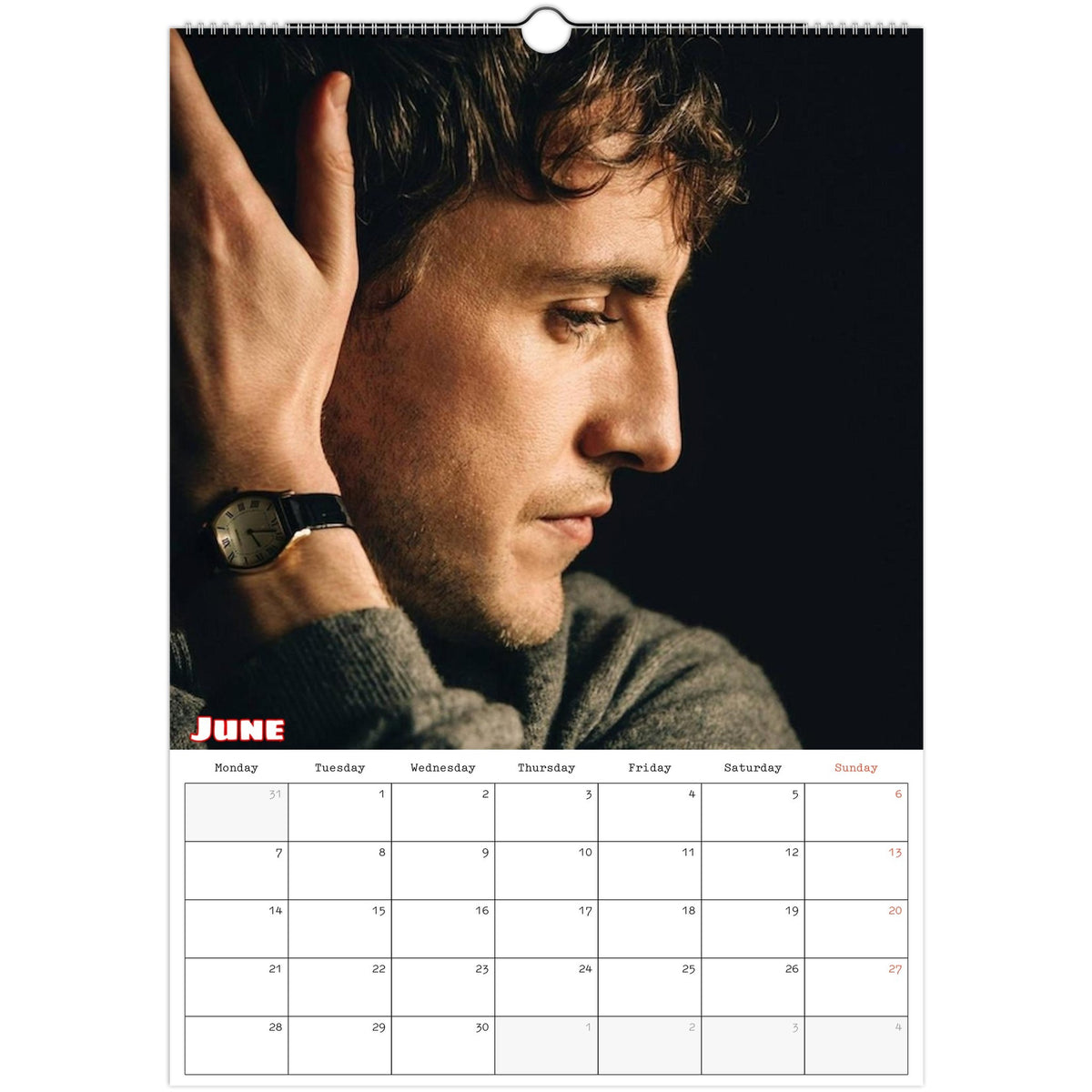 June 2027 page in Paul Mescal A3 wall calendar