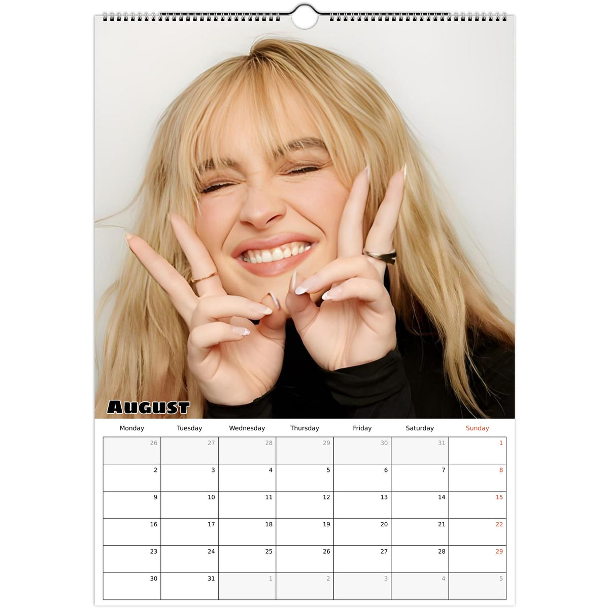 August 2027 page in Sabrina Carpenter A3 wall calendar