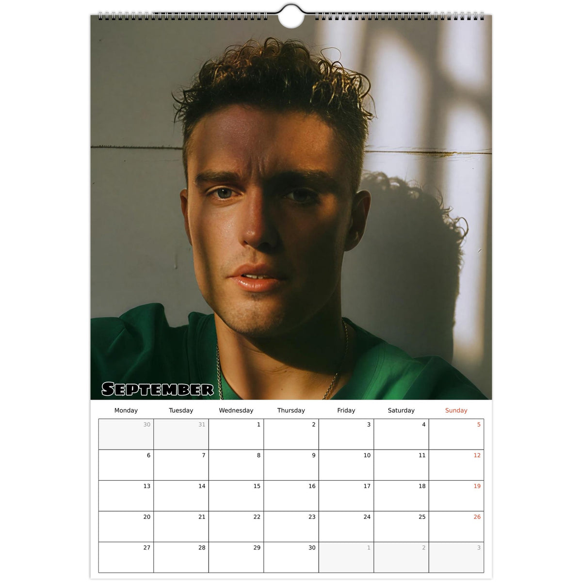 September 2027 page in Sam Fender A3 wall calendar