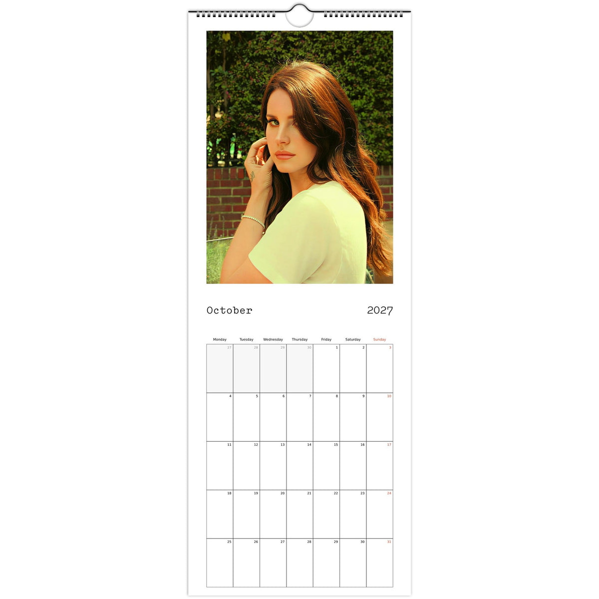 October 2027 page in Lana Del Rey slim wall calendar