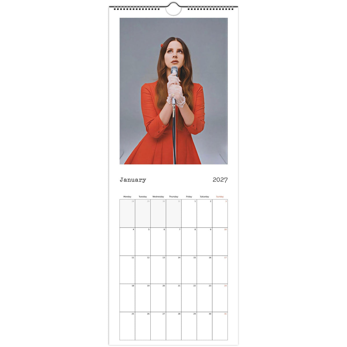 January 2027 page in Lana Del Rey slim wall calendar