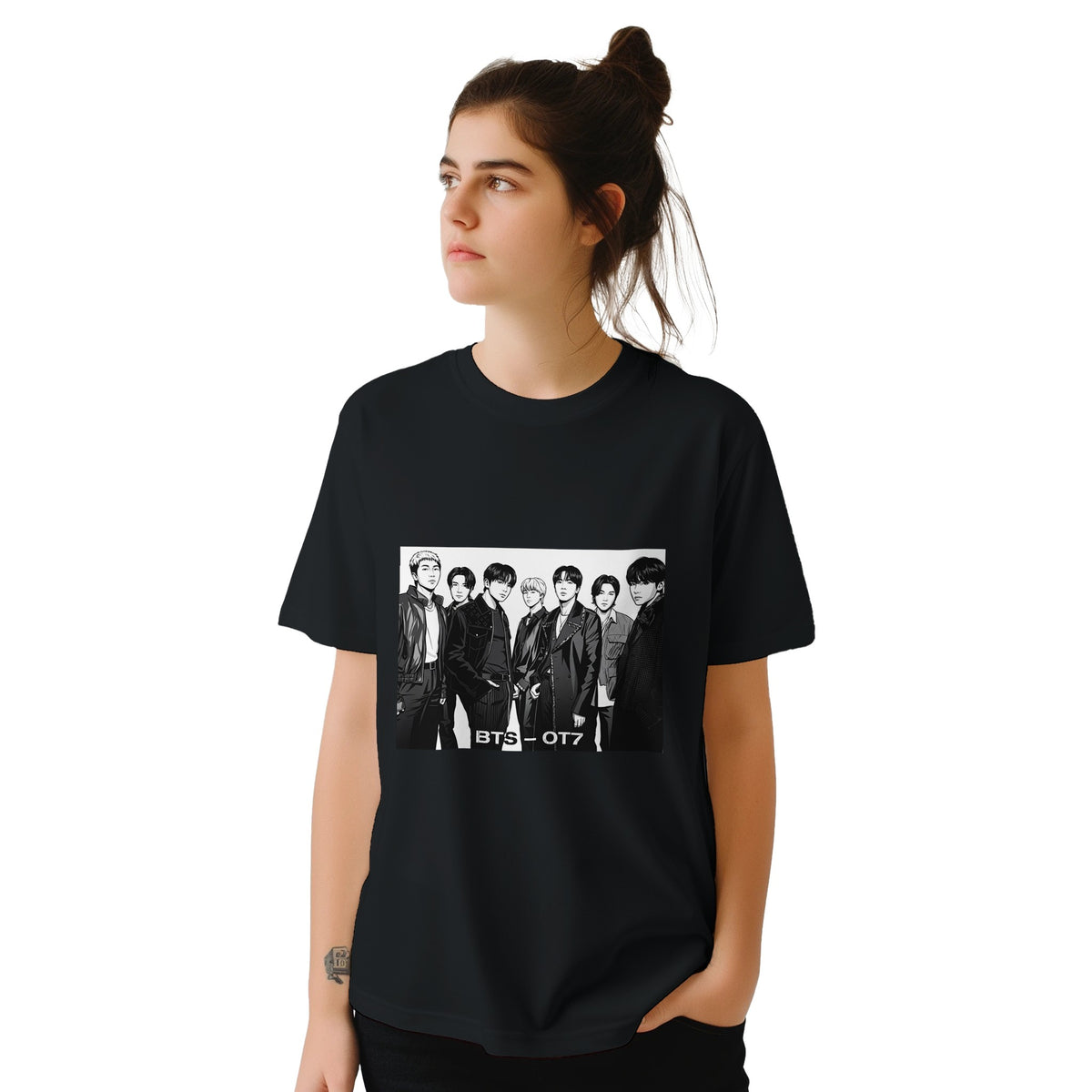 Lady wearing a black BTS Arirang t-shirt