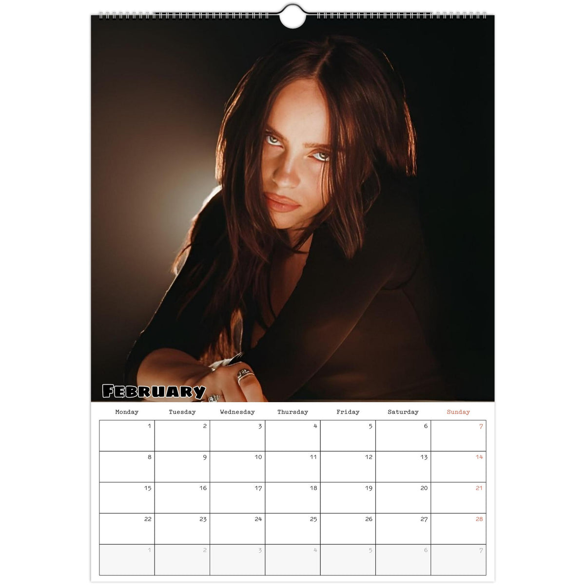 February 2027 page in Billie Eilish A3 wall calendar