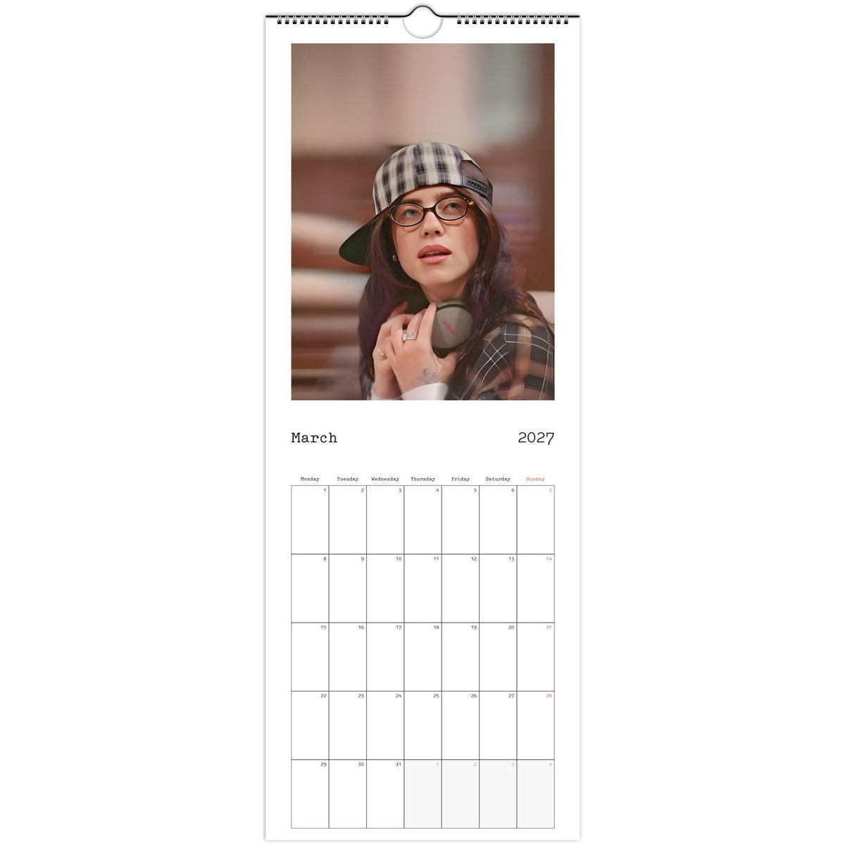 March 2027 page in Billie Eilish slim wall calendar