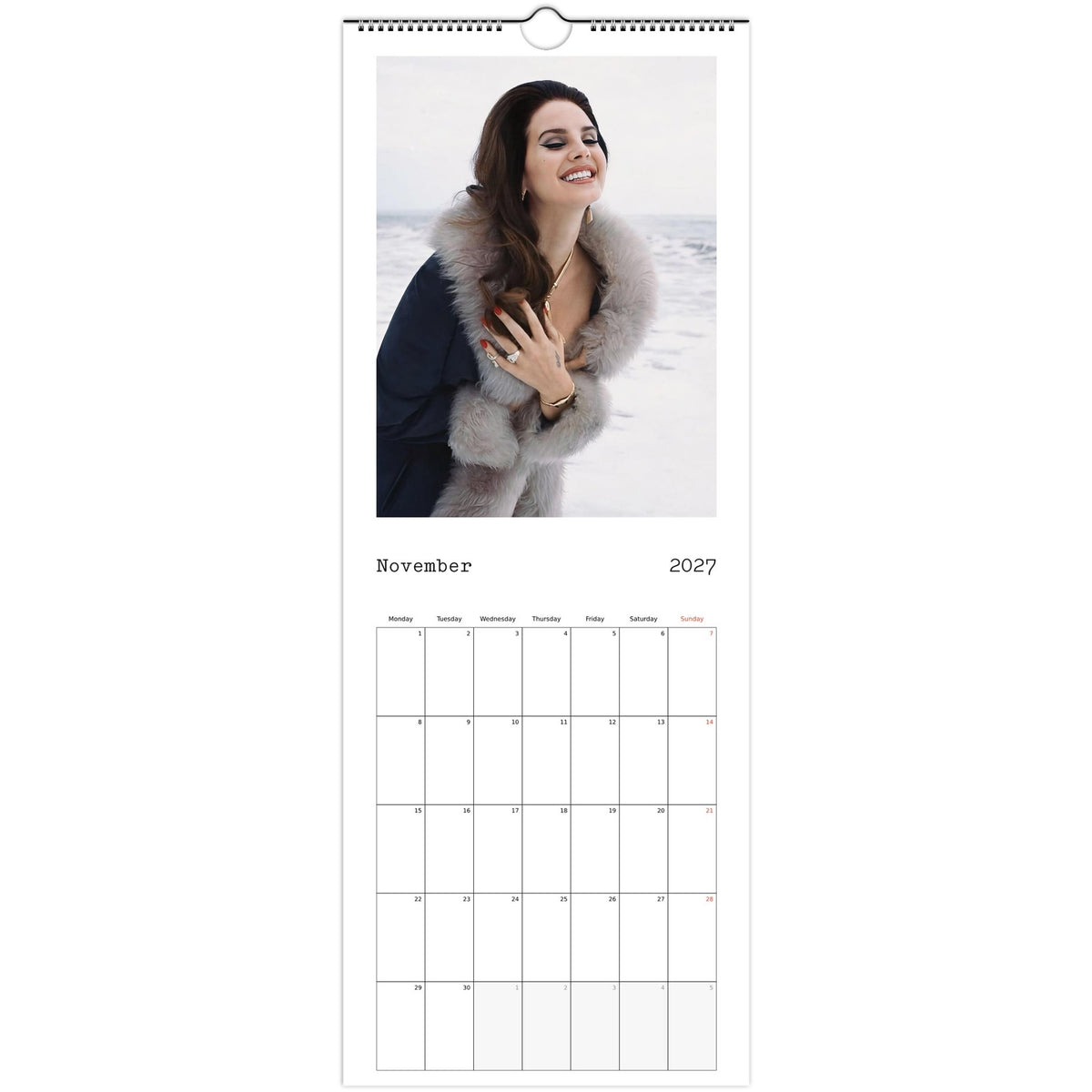 November 2027 page in Lana Del Rey slim wall calendar