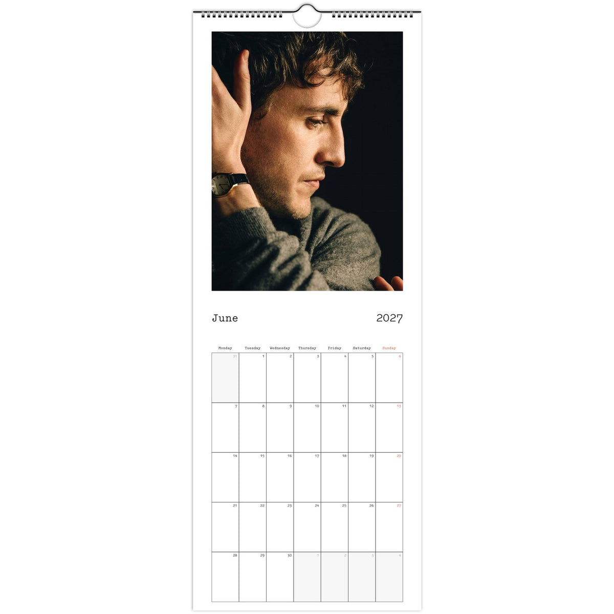 June 2027 page in Paul Mescal slim wall calendar