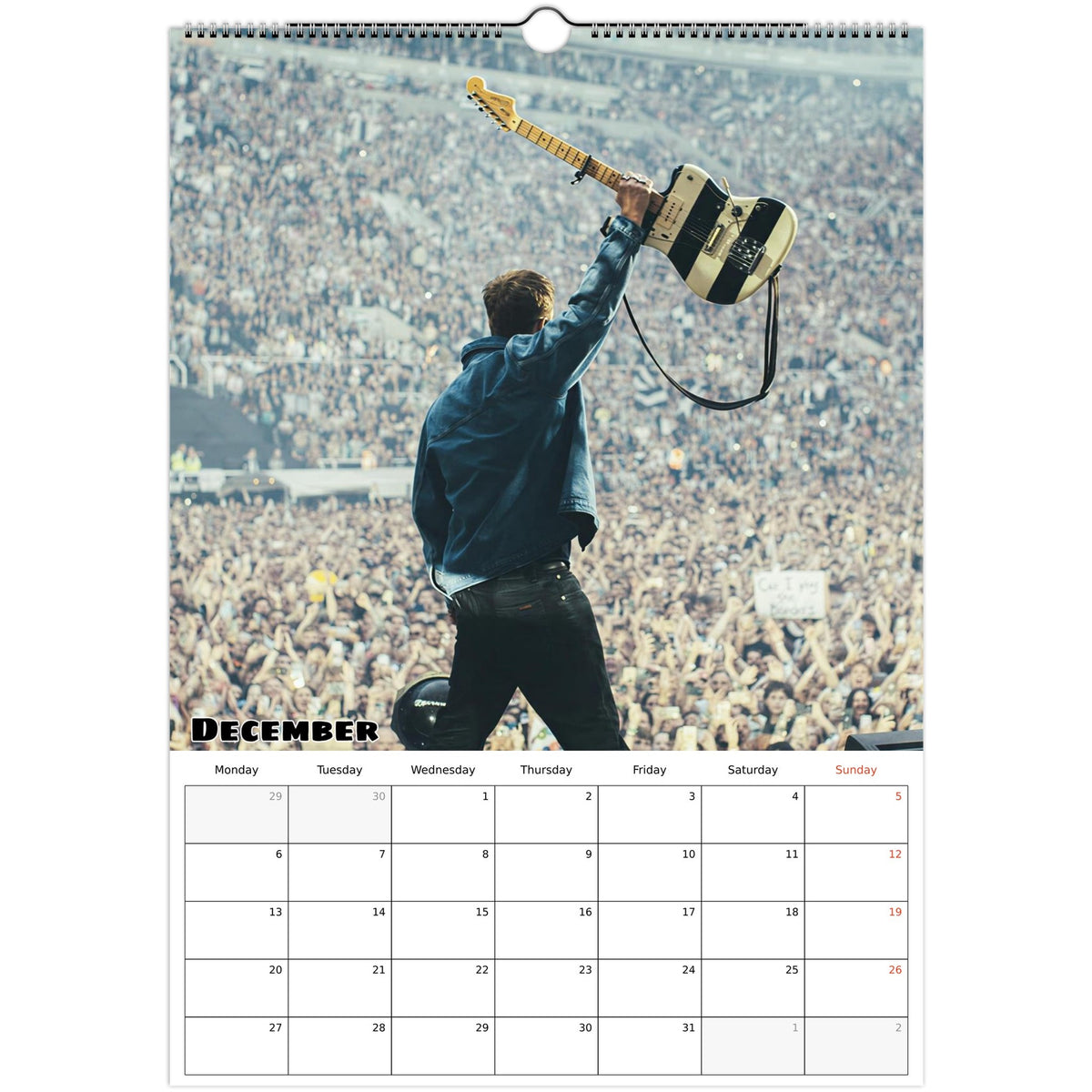 December 2027 page in Sam Fender A3 wall calendar
