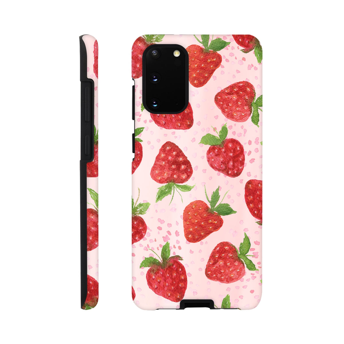 Samsung phone case with strawberry artwork and reinforced protection