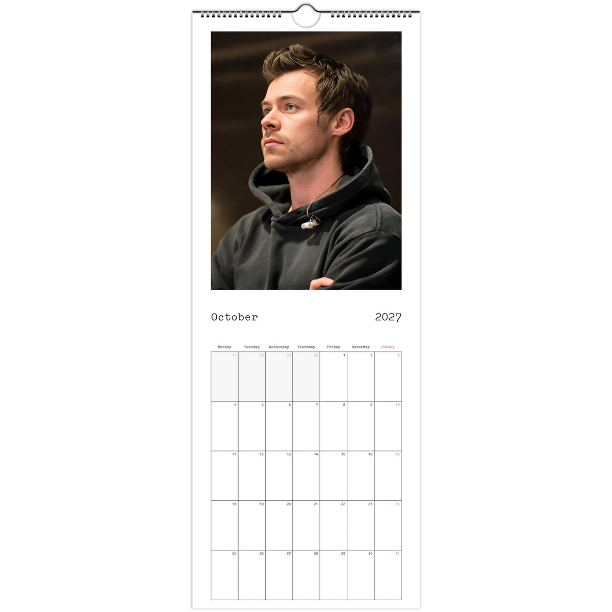 October 2027 page in Harry Styles slim wall calendar