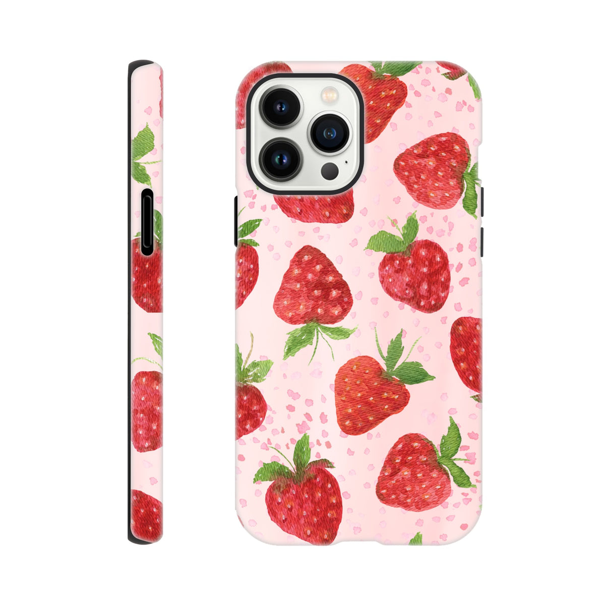 Aesthetic strawberries iPhone case offering stylish dual‑layer protection