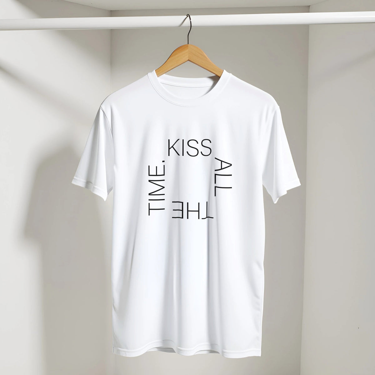 White unisex tee with bold graphic text