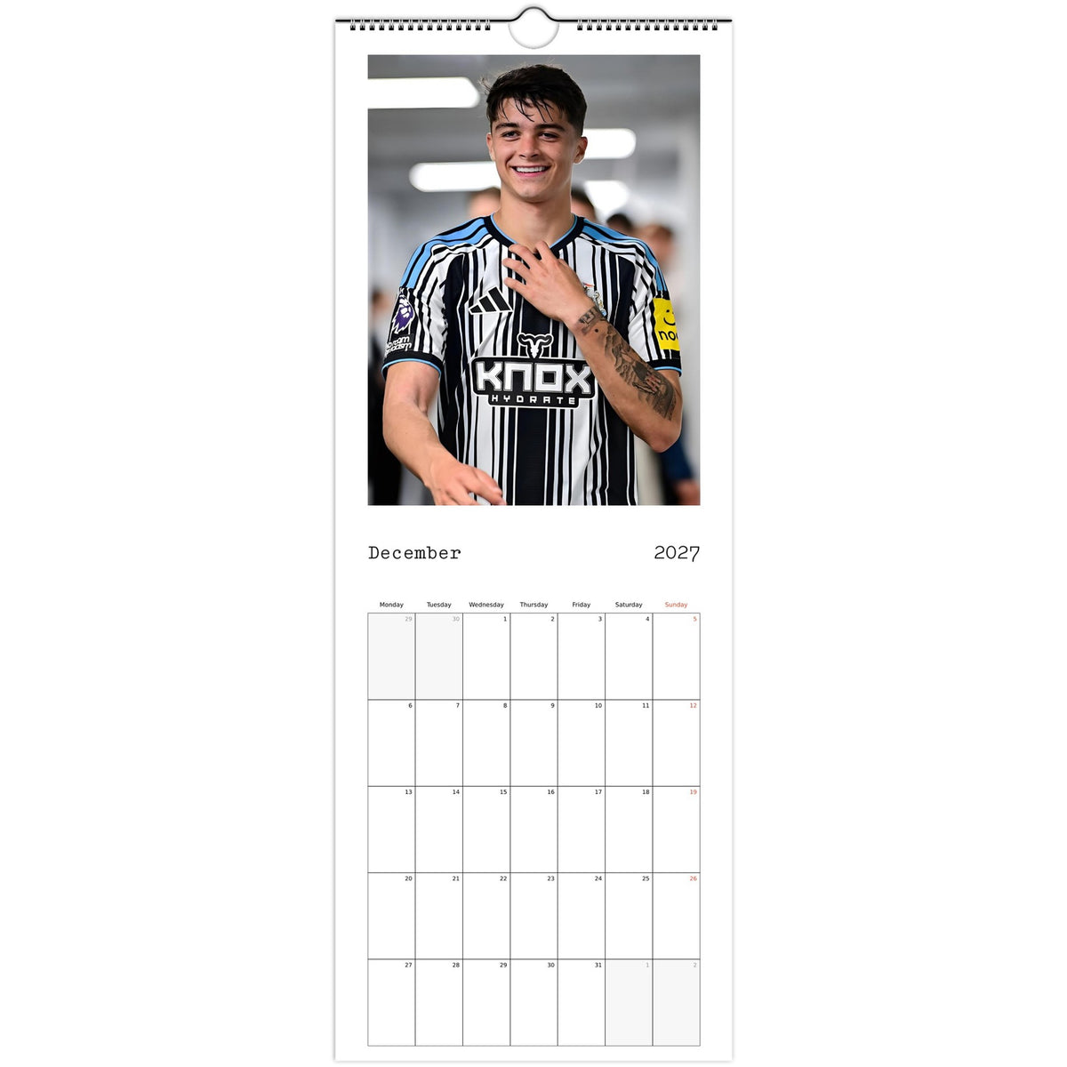 December 2027 page in Newcastle United FC slim wall calendar