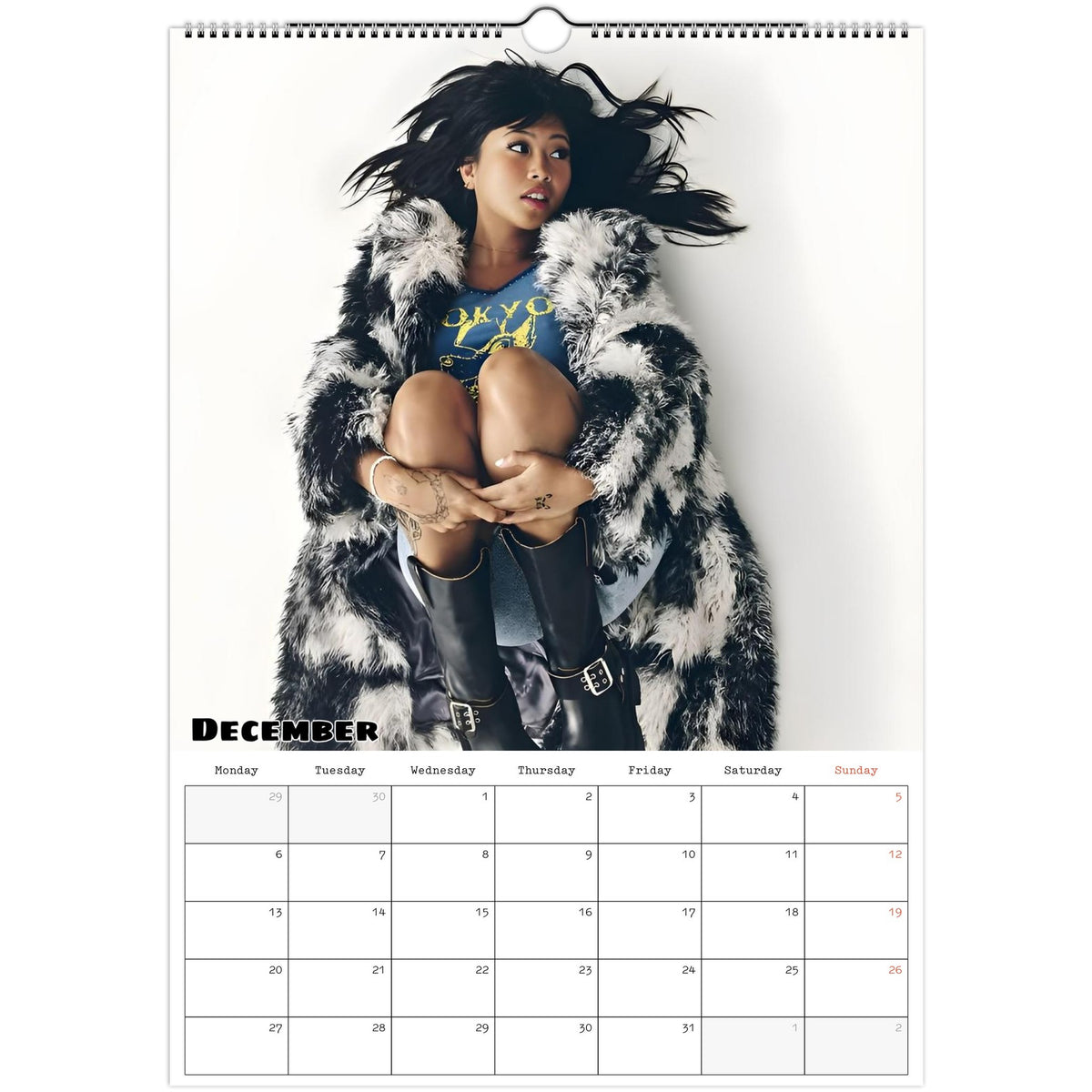 December 2027 page in Beabadoobee A3 wall calendar