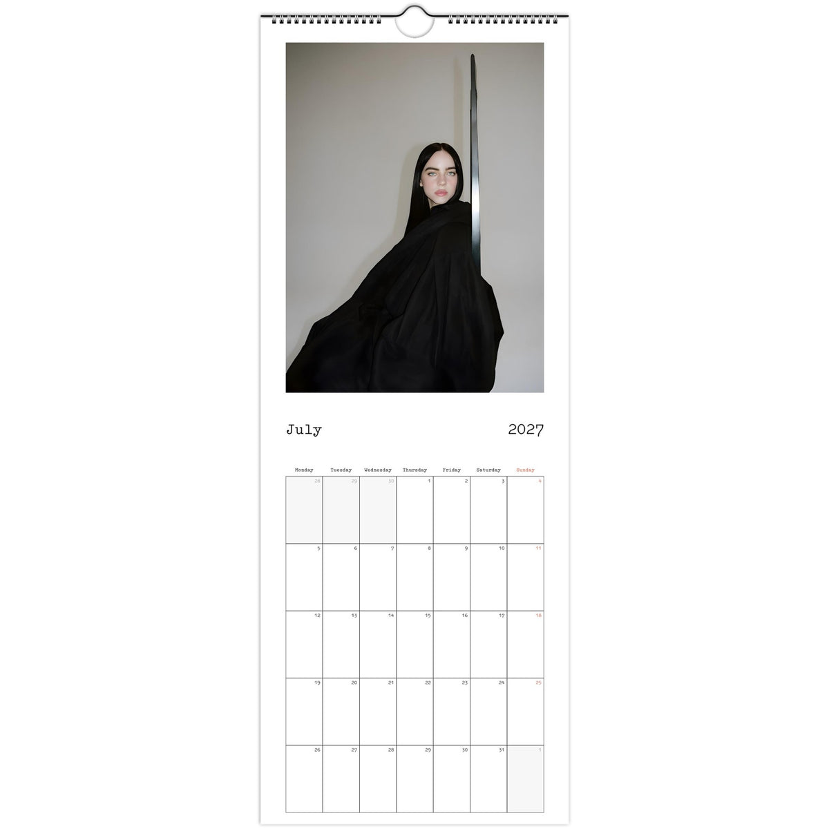 July 2027 page in Billie Eilish slim wall calendar