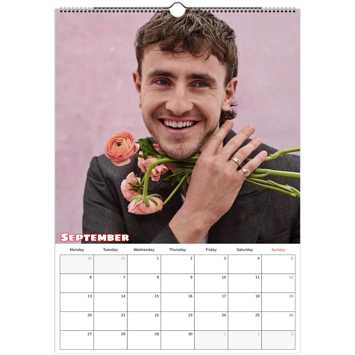 September 2027 page in Paul Mescal A3 wall calendar