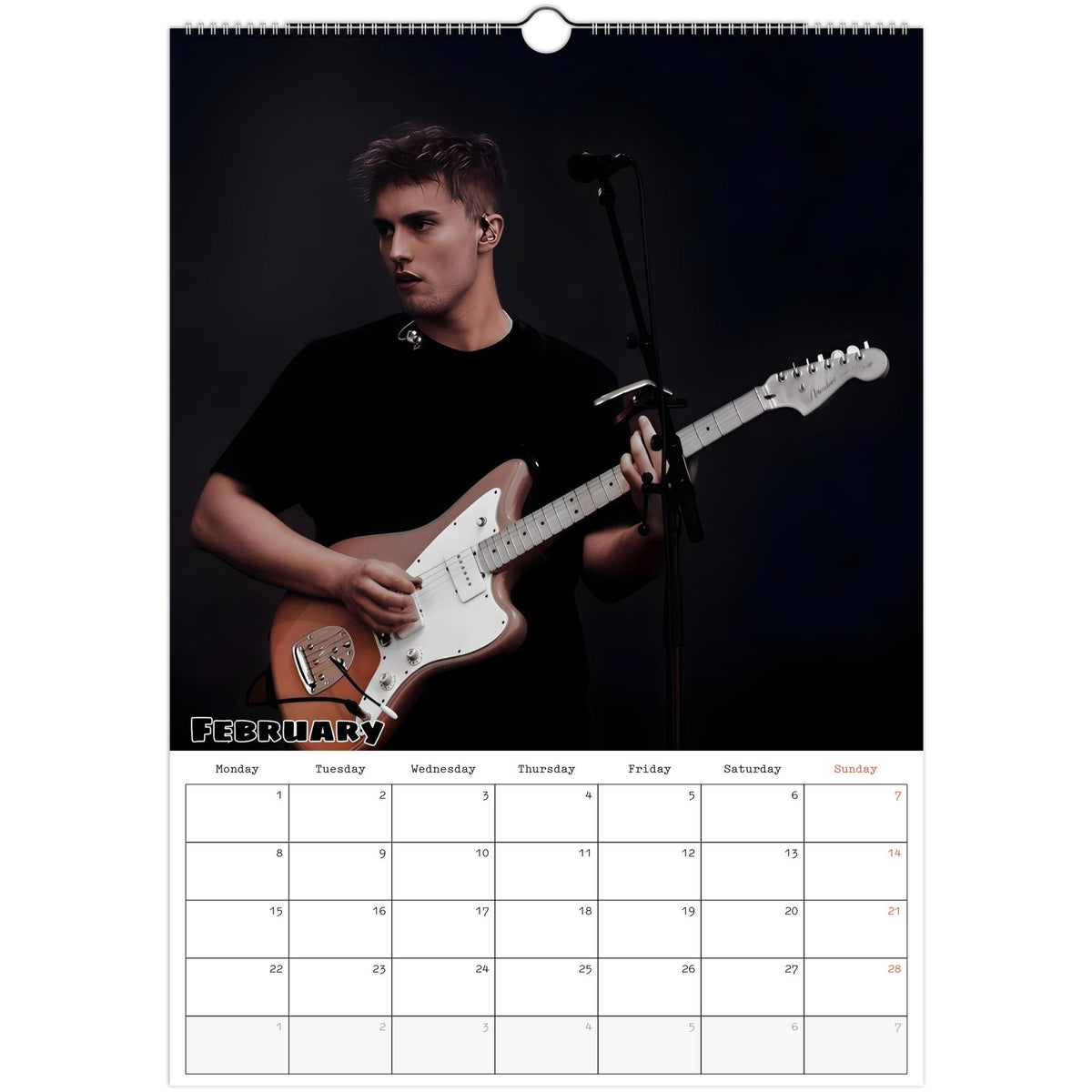February 2027 page in Sam Fender A3 wall calendar