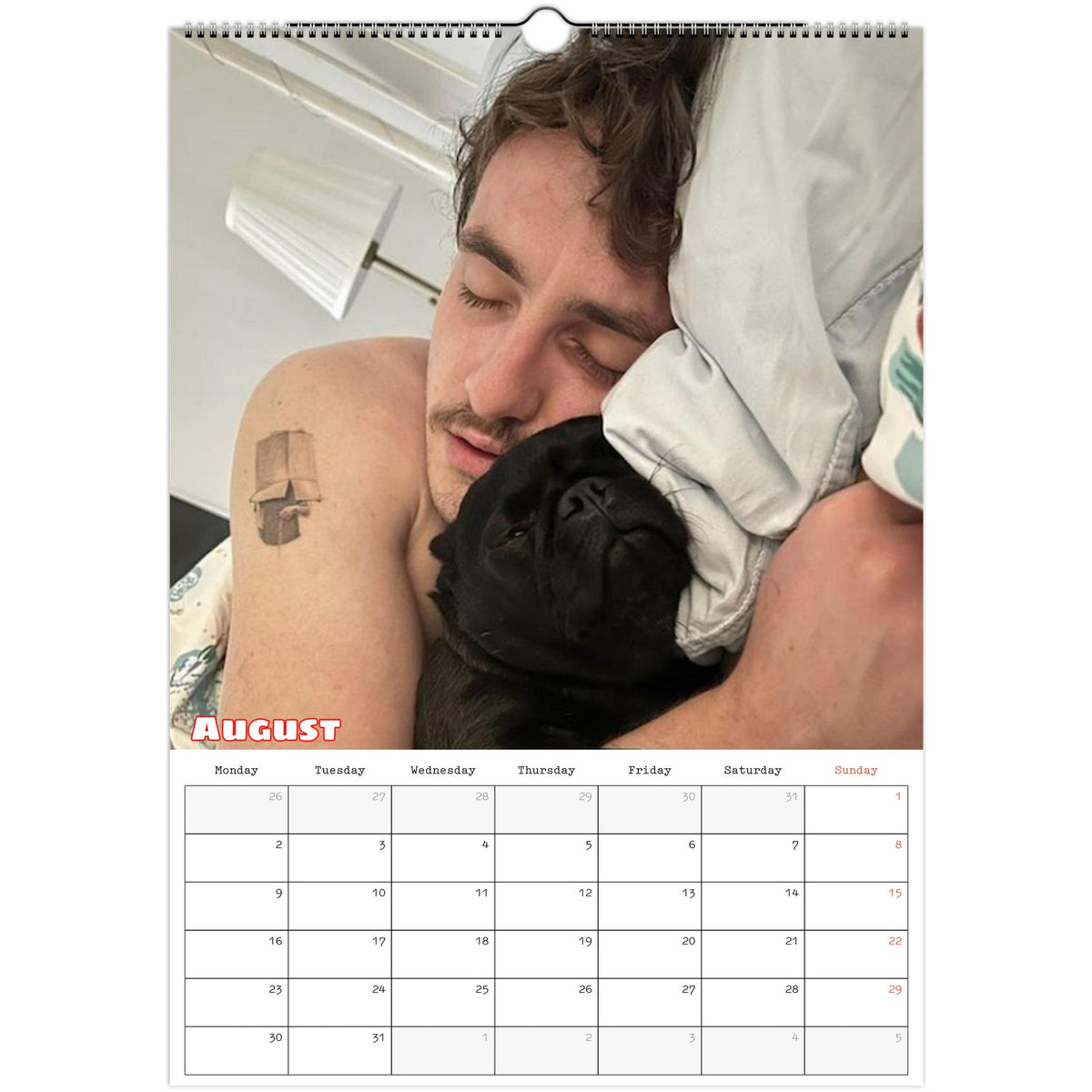 August 2027 page in Paul Mescal A3 wall calendar
