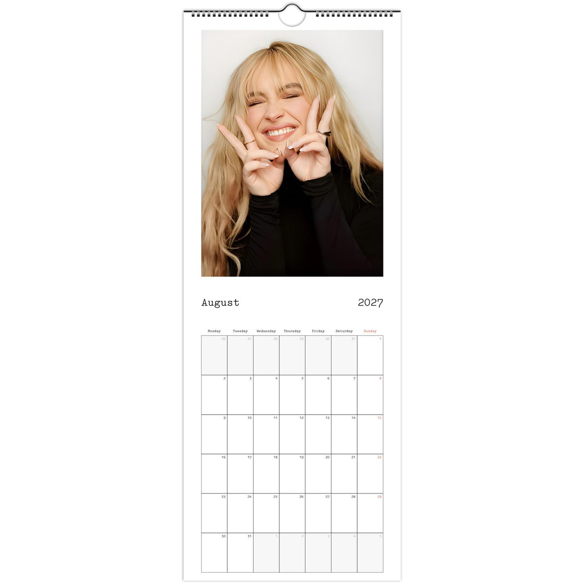 August 2027 page in Sabrina Carpenter slim wall calendar