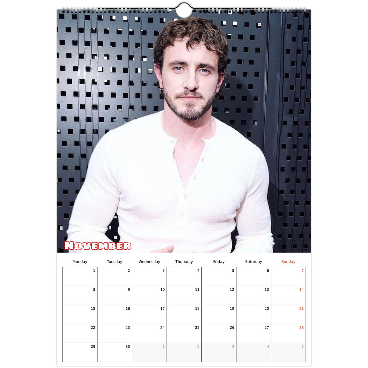 November 2027 page in Paul Mescal A3 wall calendar