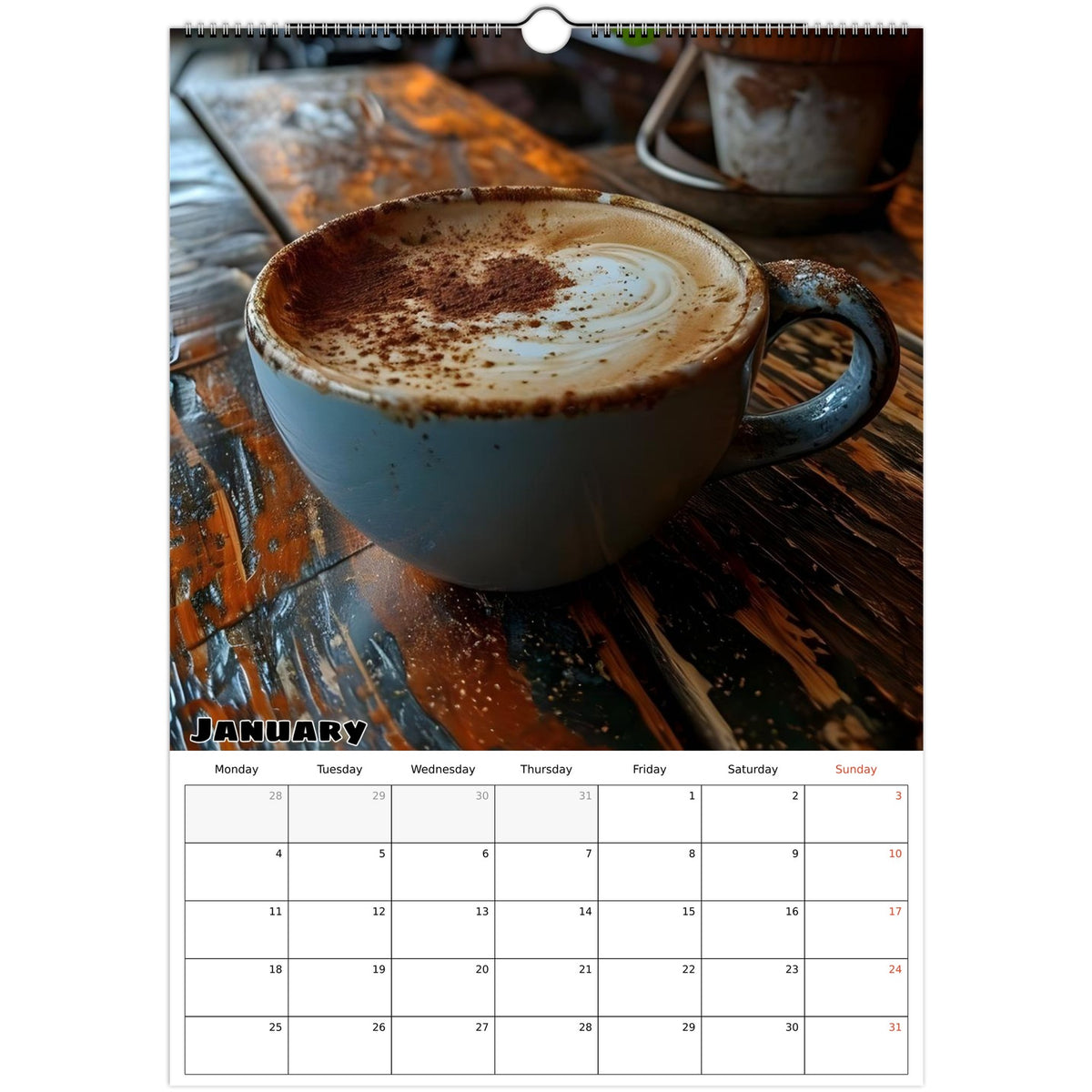 January 2027 page in Coffee Lovers A3 wall calendar