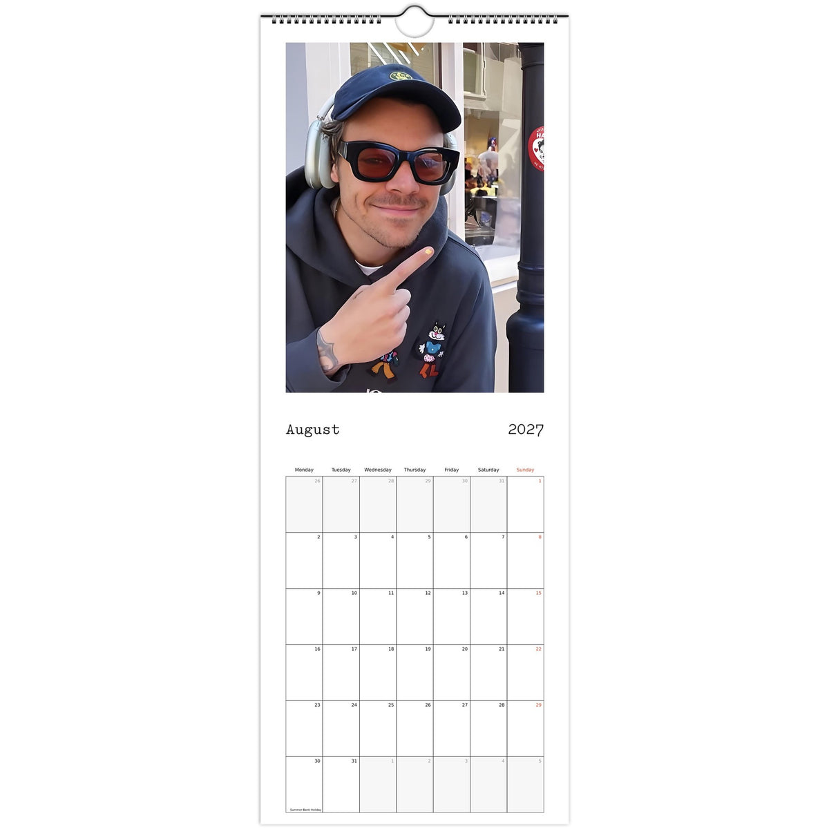 August 2027 page in Harry Styles slim wall calendar