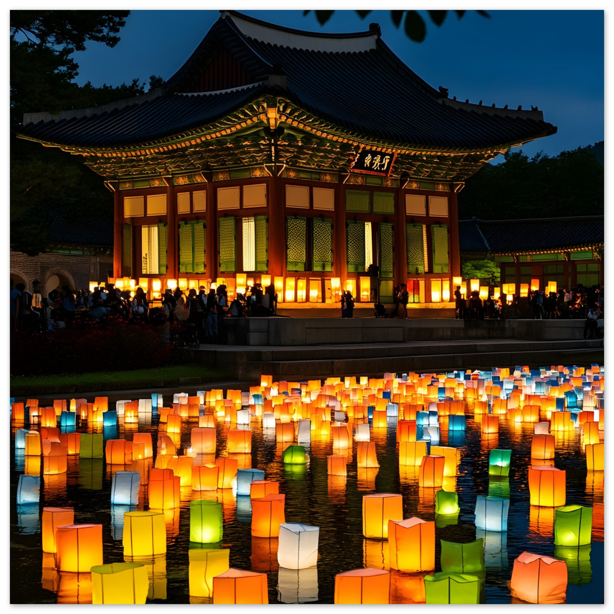 Aesthetic floating lanterns poster with traditional Korean design