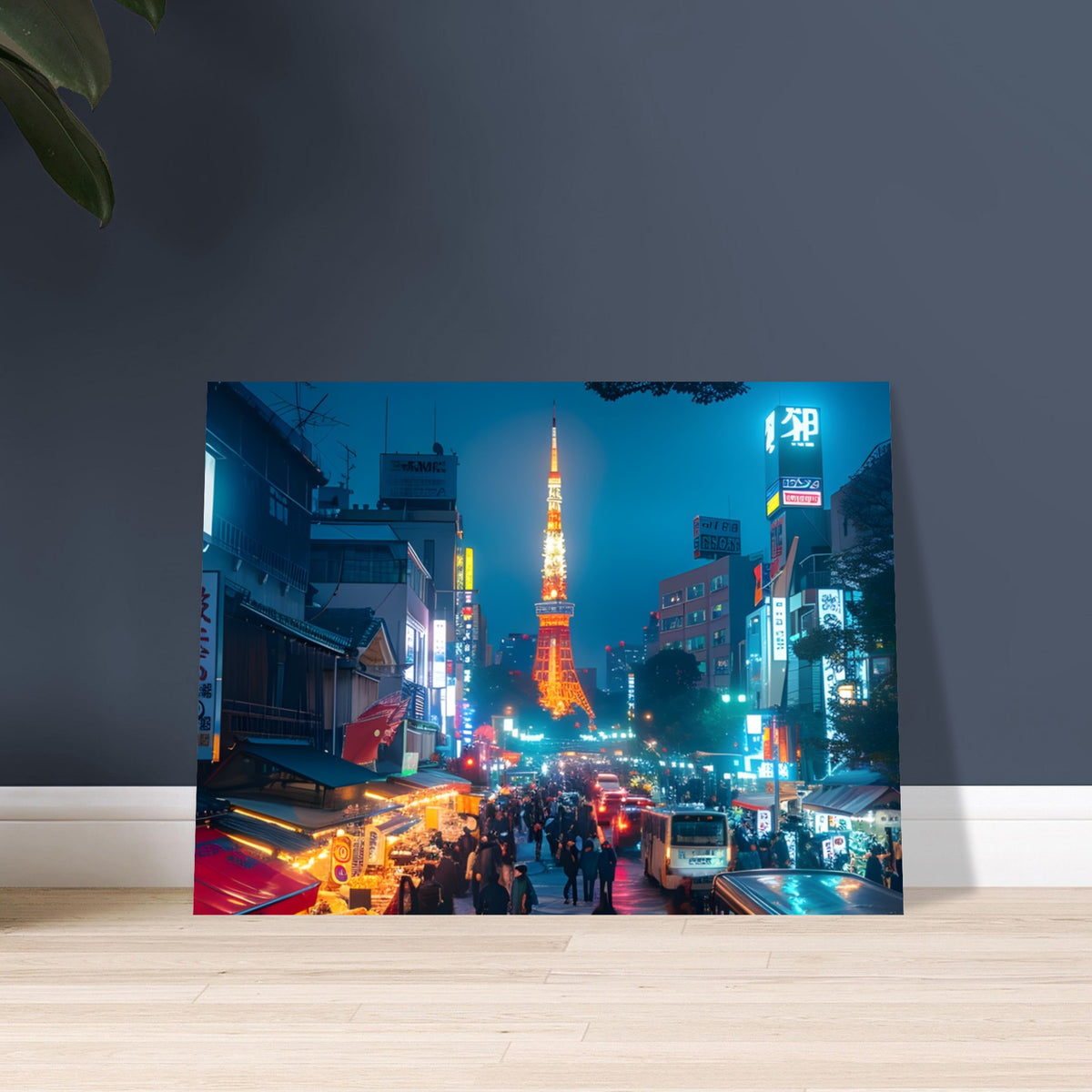 Japan nightlife artwork with glowing neon signs and urban energy