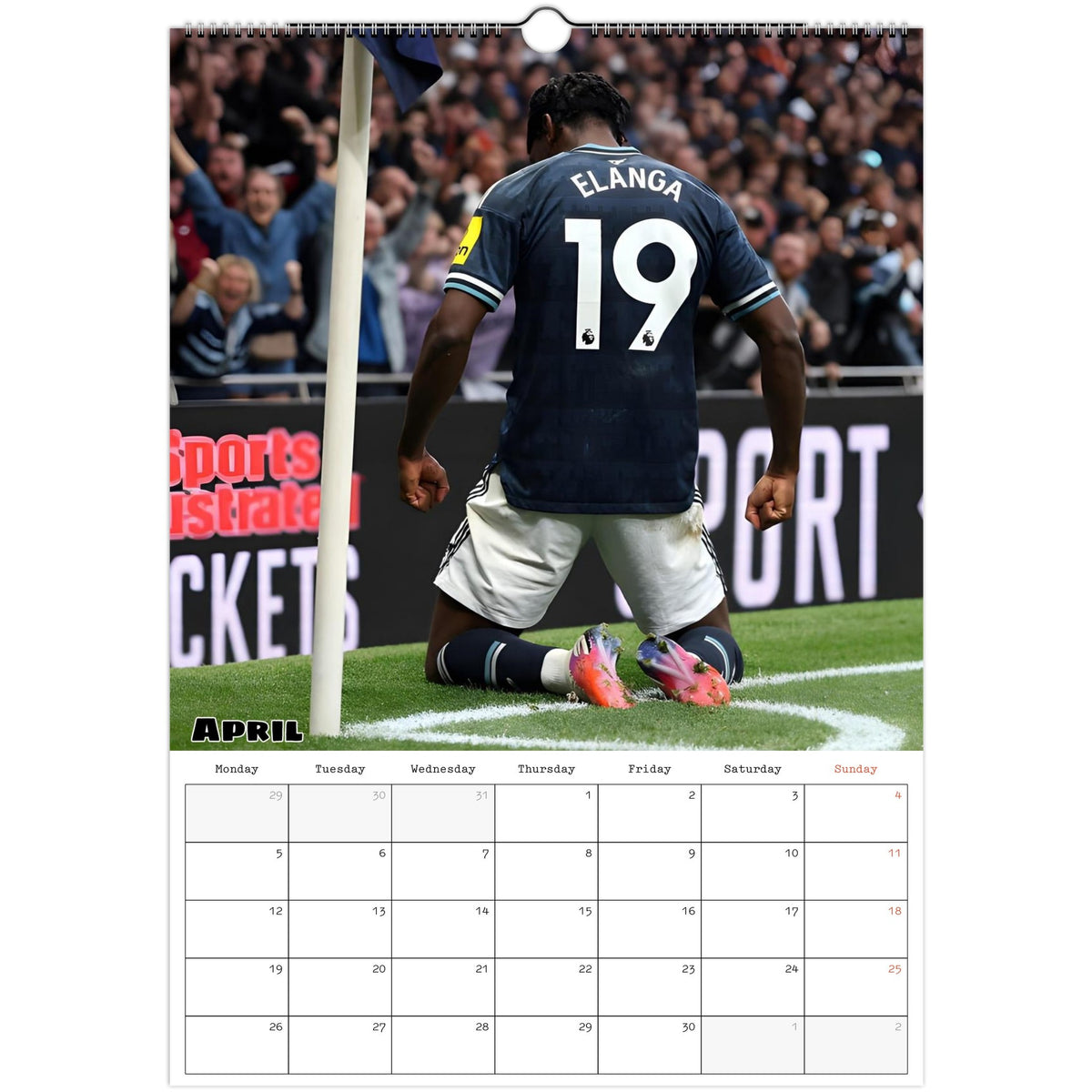 April 2027 page in Newcastle United FC A3 wall calendar