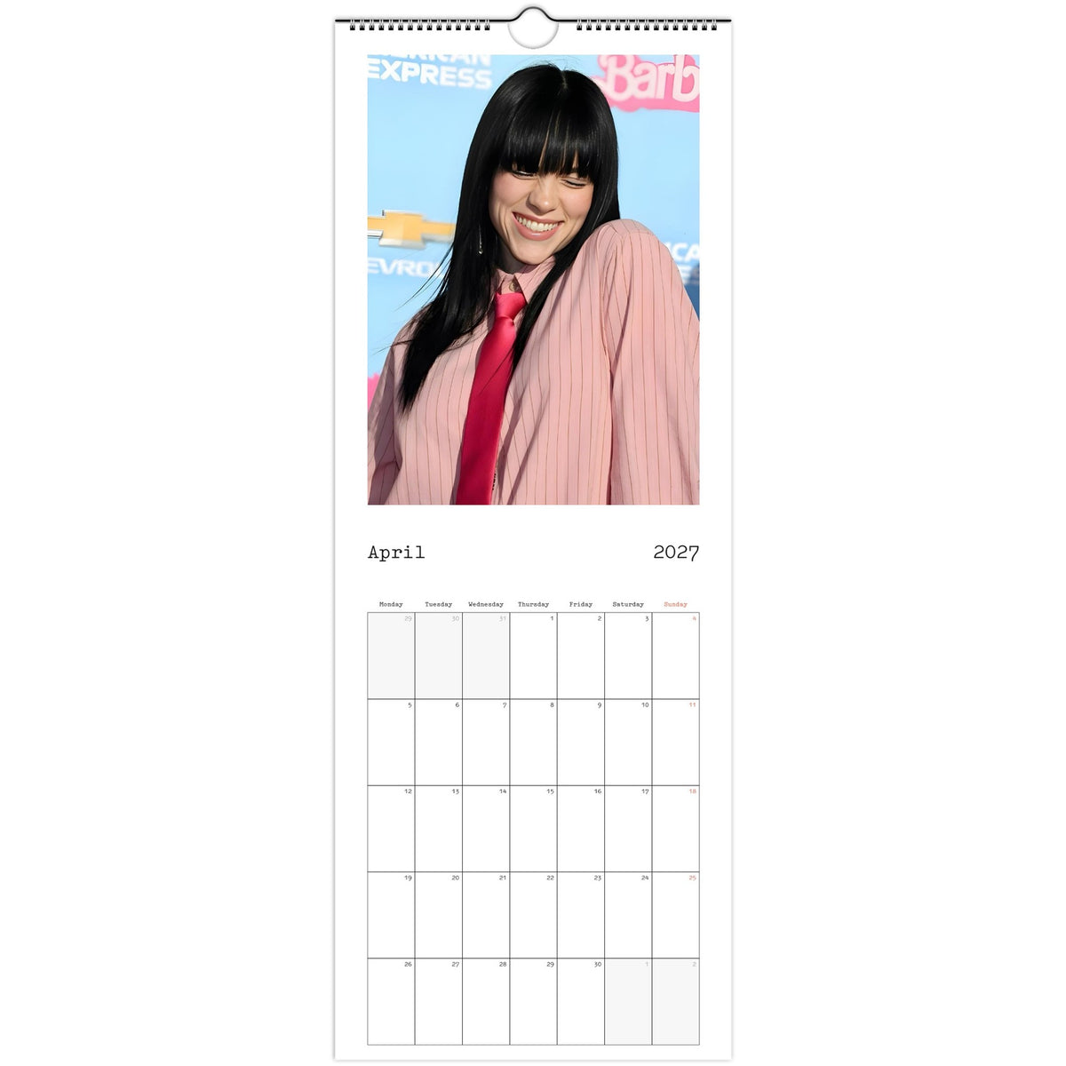 April 2027 page in Billie Eilish slim wall calendar