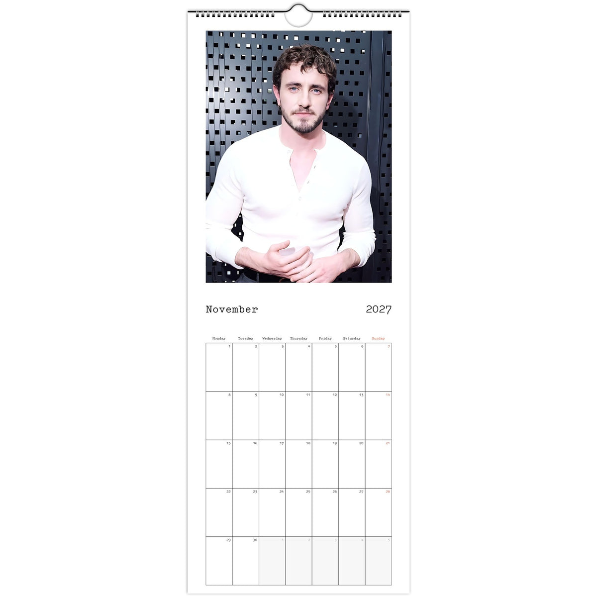 November 2027 page in Paul Mescal slim wall calendar