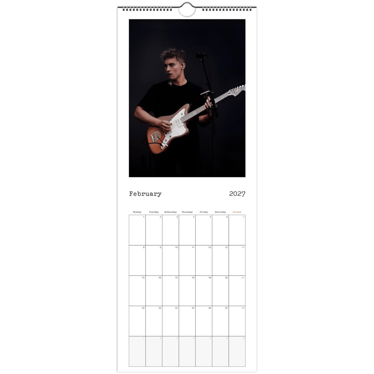 February 2027 page in Sam Fender slim wall calendar