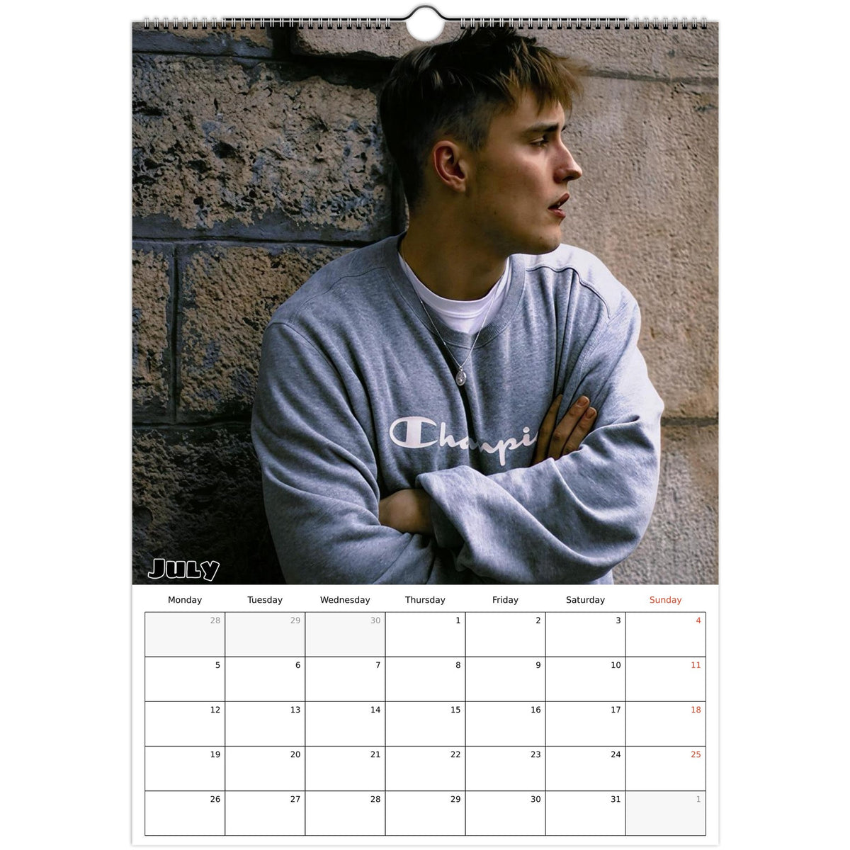 July 2027 page in Sam Fender A3 wall calendar