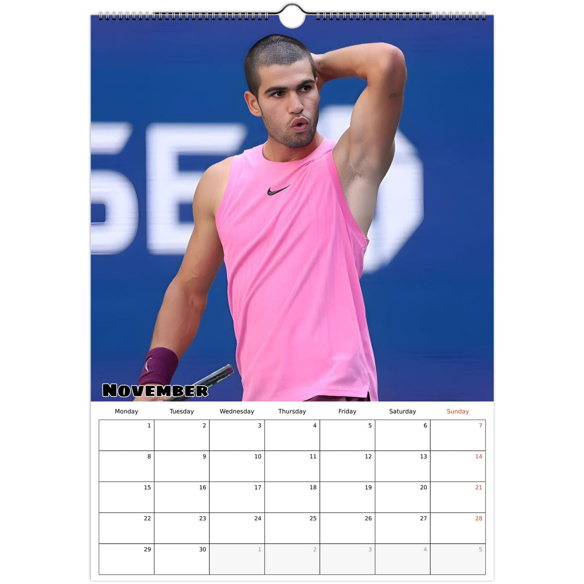 November 2027 page in Carlos Alcaraz A3 wall calendar
