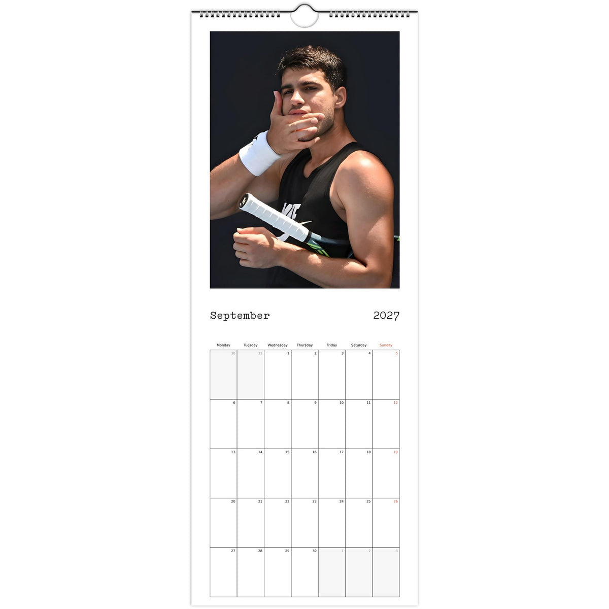September 2027 page in Carlos Alcaraz slim wall calendar