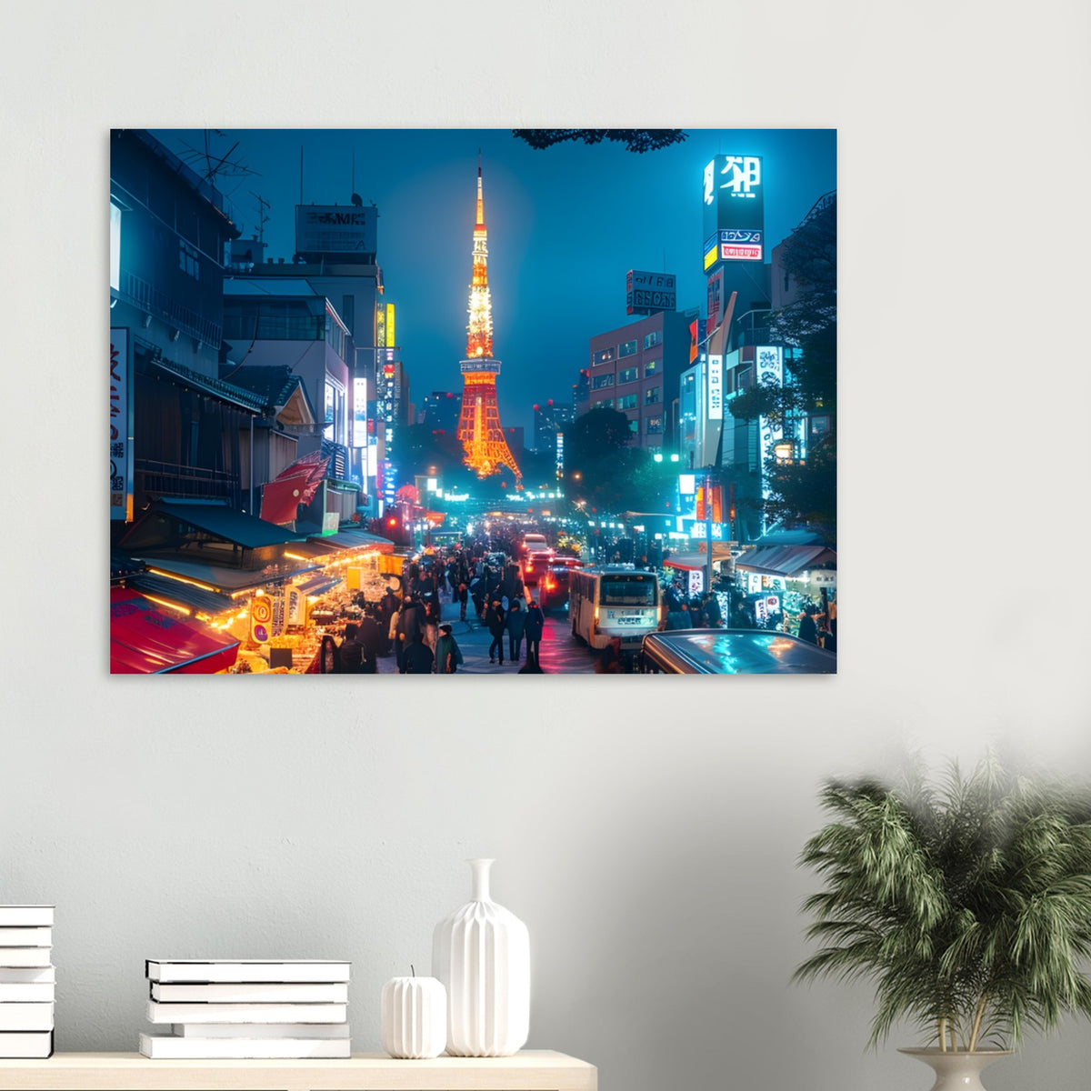 Tokyo night scene print with bold neon colours and street details