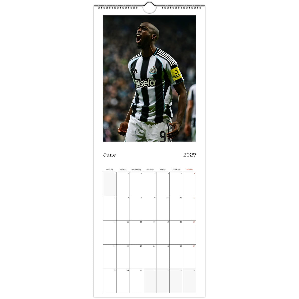 June 2027 page in Newcastle United FC slim wall calendar