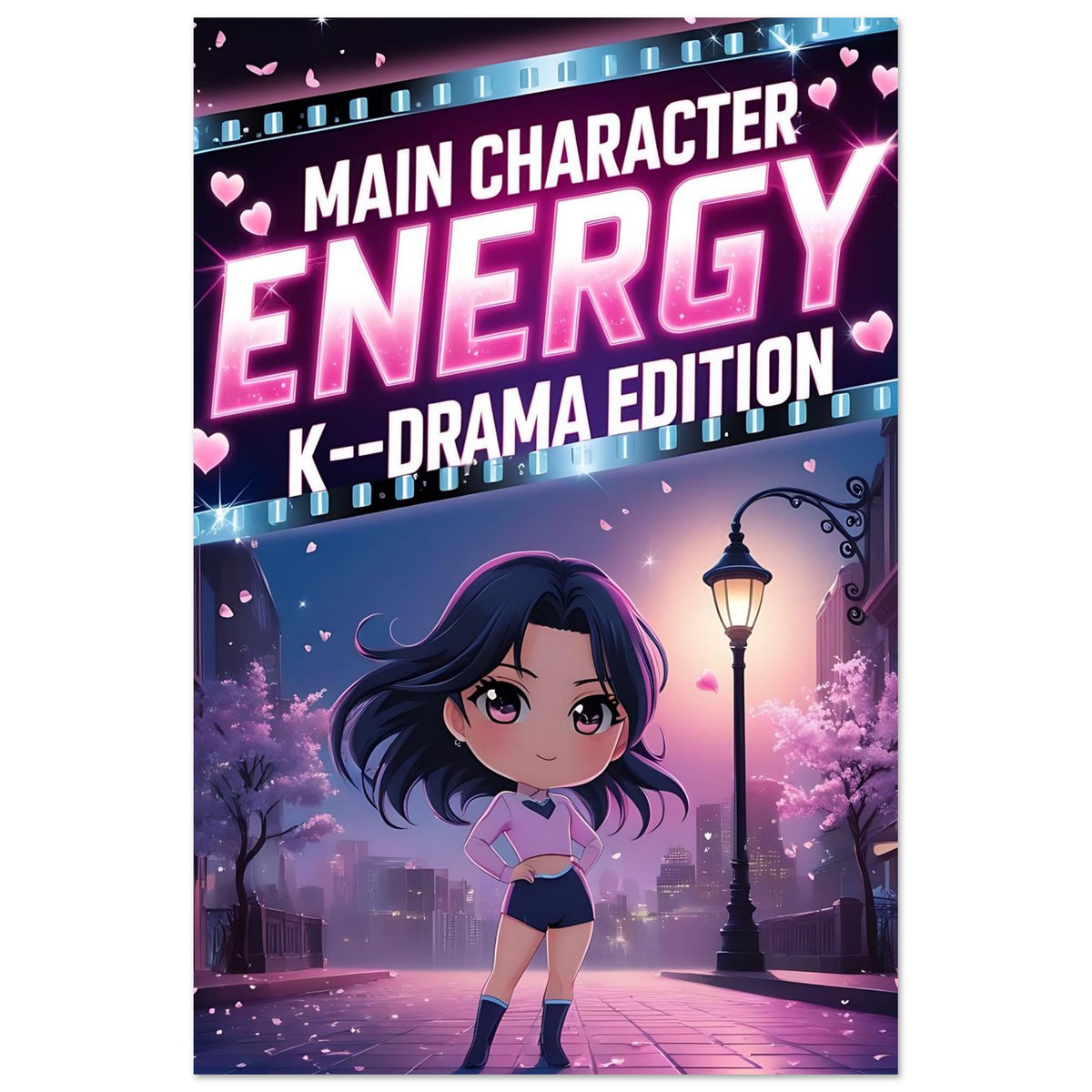 Semi‑glossy K‑Drama aesthetic poster with Main Character Energy text