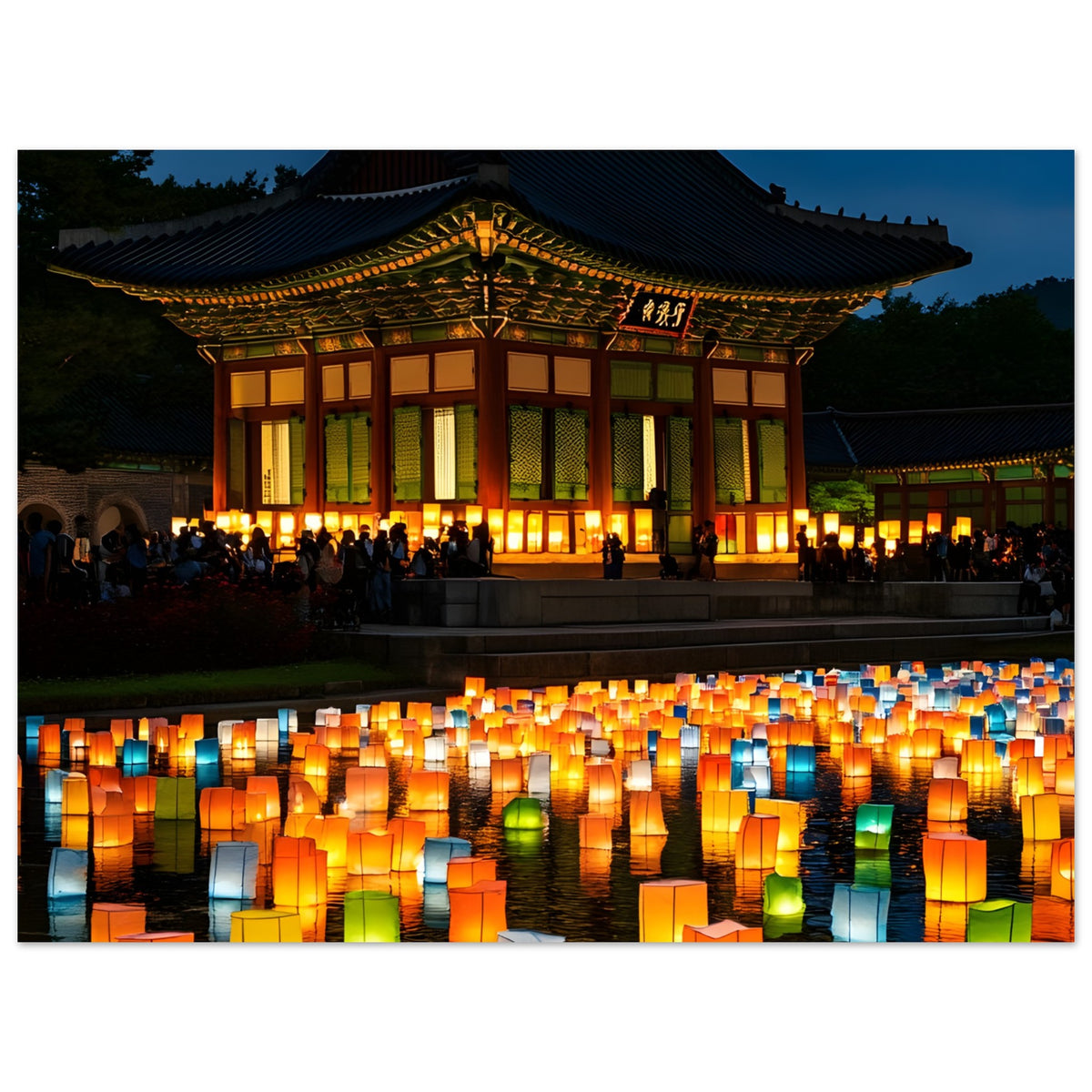 Lantern festival wall art with glowing Korean sky lanterns