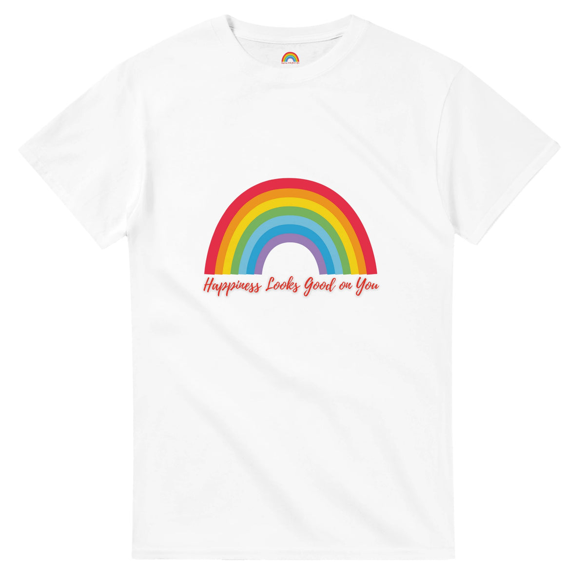 Bright positive energy T‑shirt with uplifting Happiness Looks Good on You text