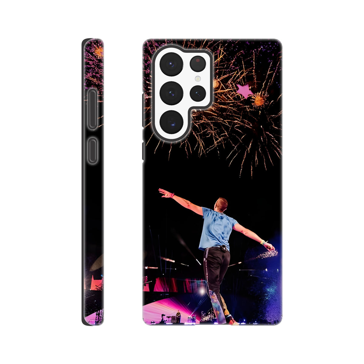 Samsung tough phone case featuring Chris Martin and fireworks design
