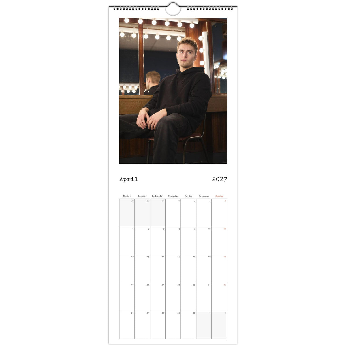 April 2027 page in Sam Fender slim wall calendar