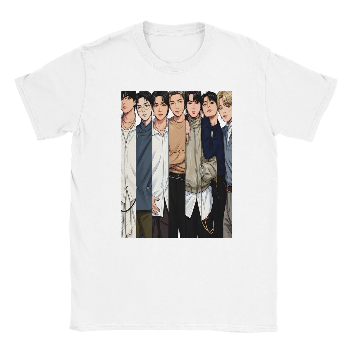 White T‑shirt featuring detailed BTS seven‑character artwork