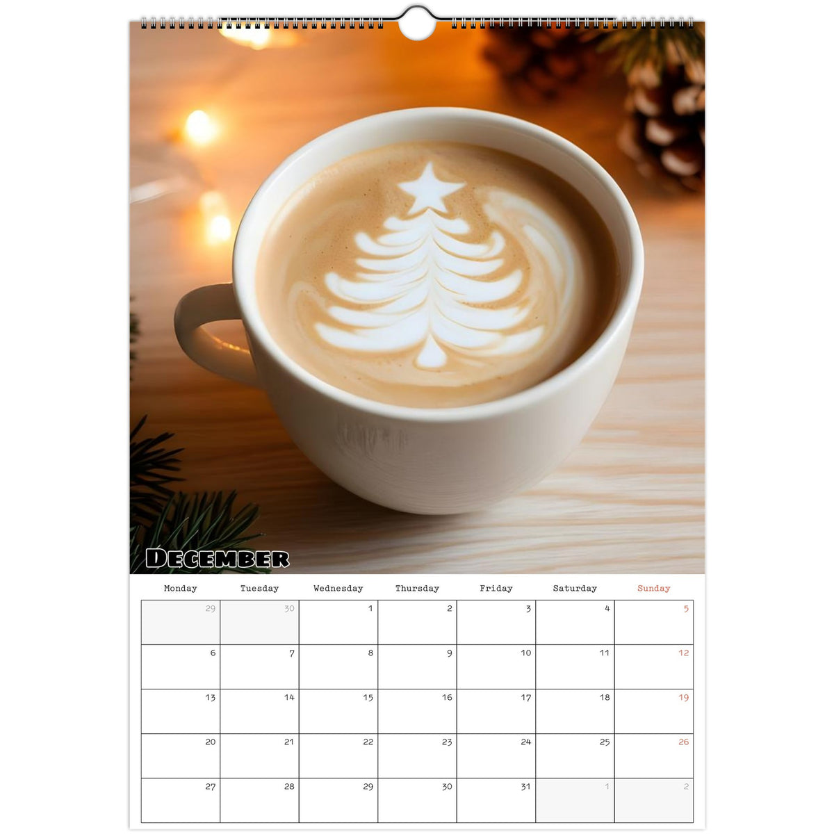 December 2027 page in Coffee Lovers A3 wall calendar