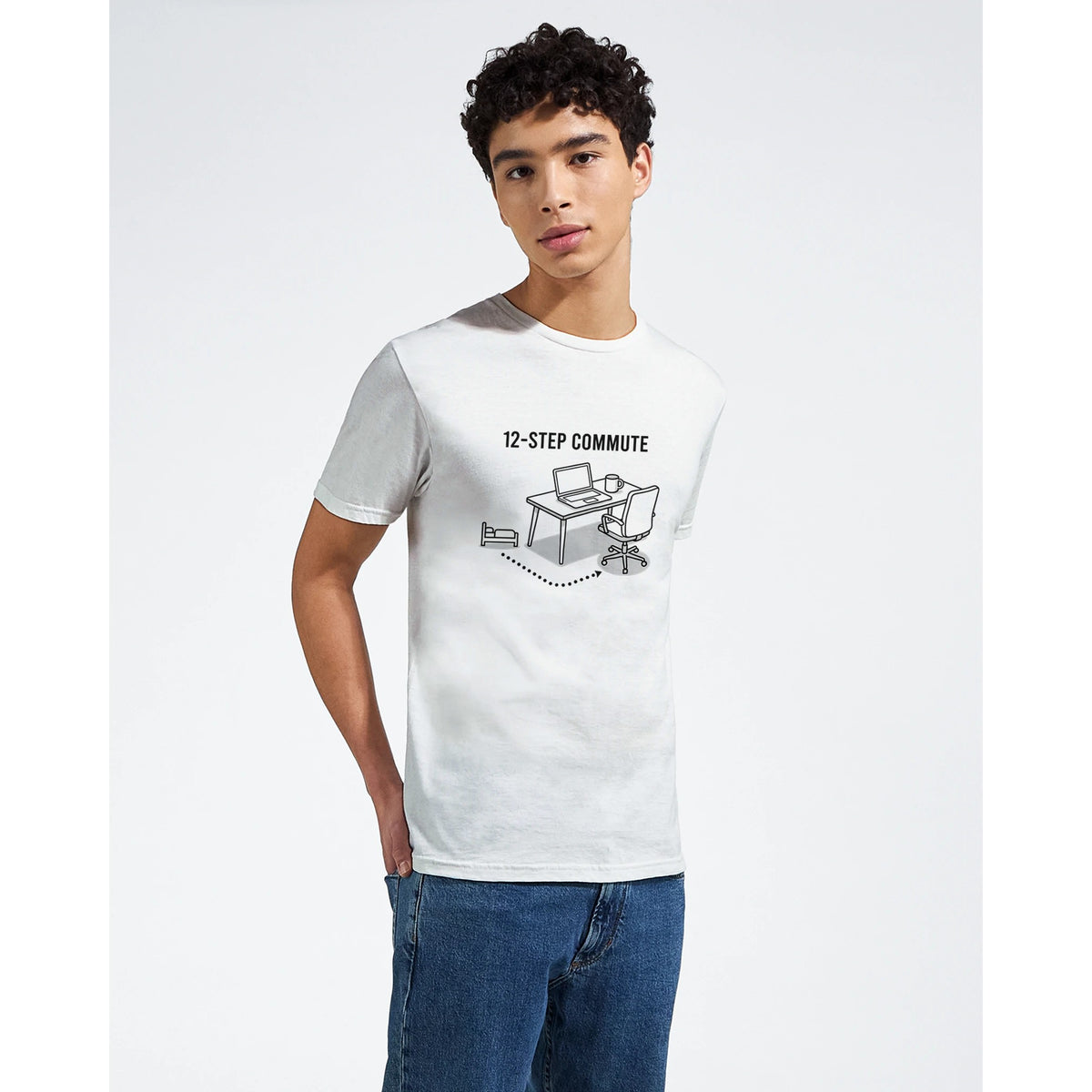 Minimal line art laptop and coffee mug shirt