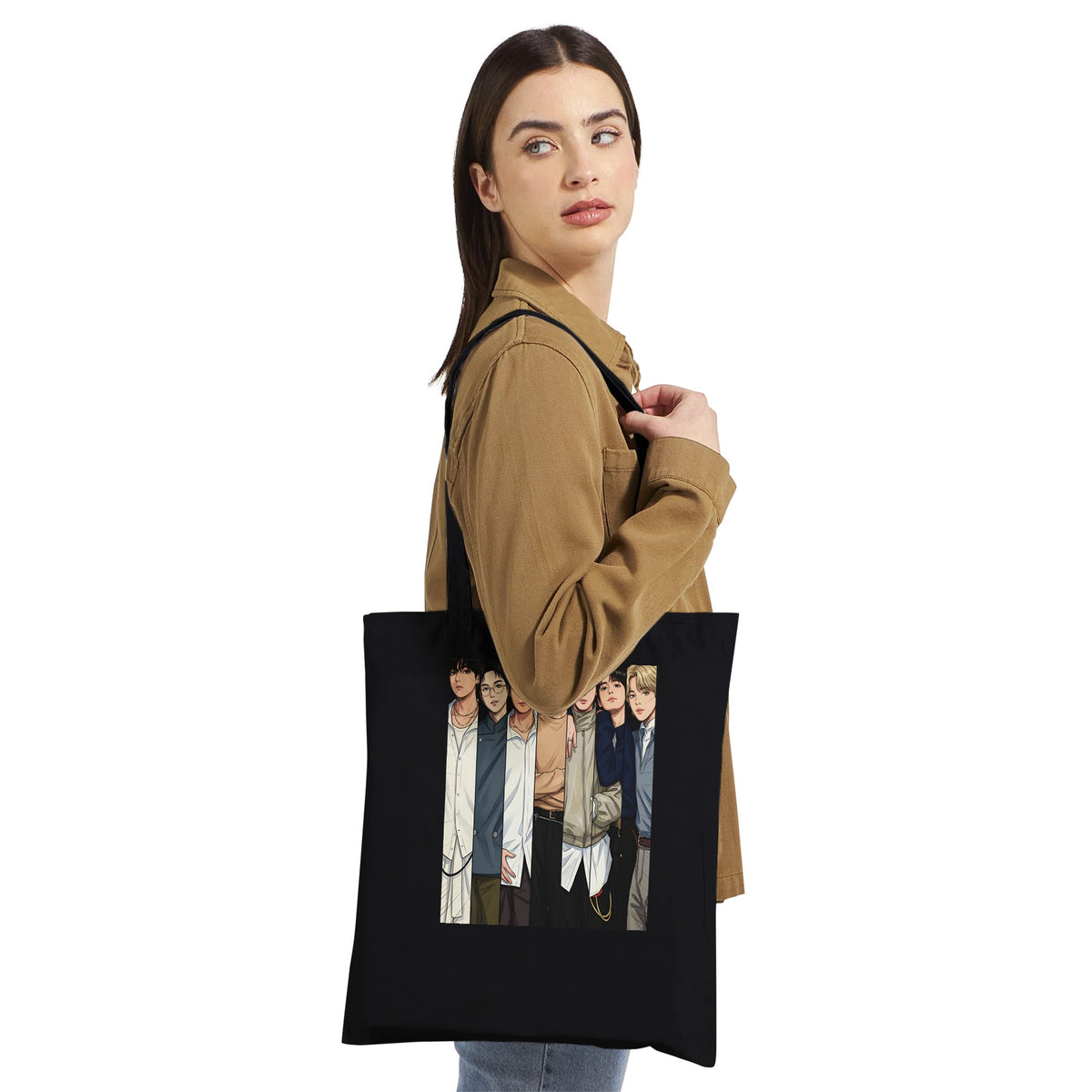 Black cotton BTS tote with 7‑member design