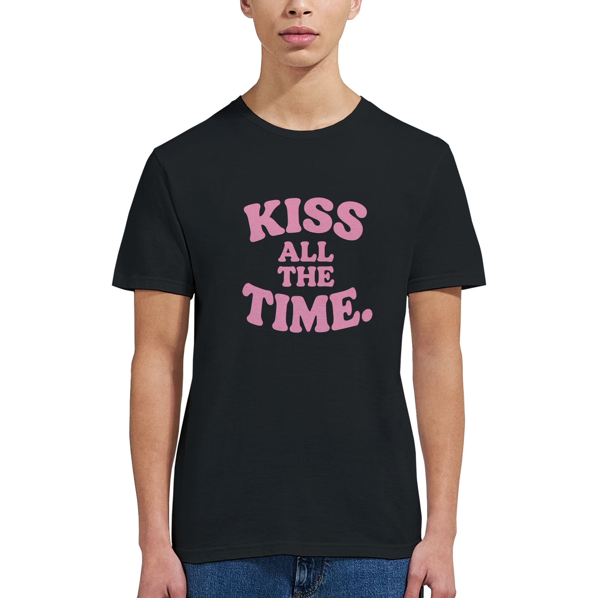 Black unisex tee with pink rounded lettering