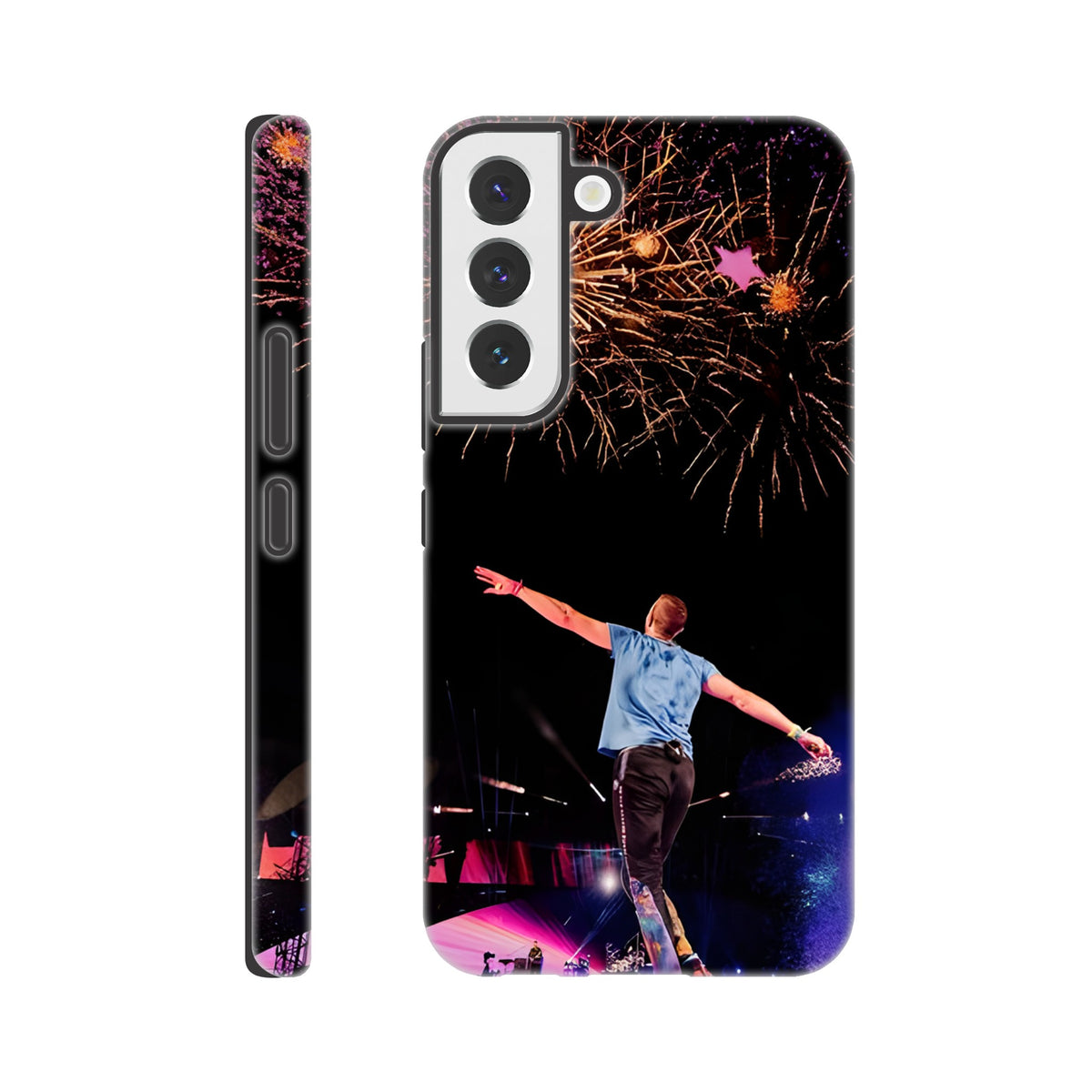 Samsung phone case with Chris Martin and colourful firework effects