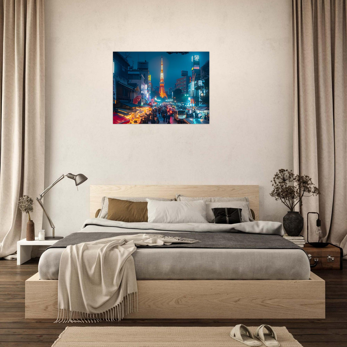 Neon Japanese city wall art with atmospheric night lighting