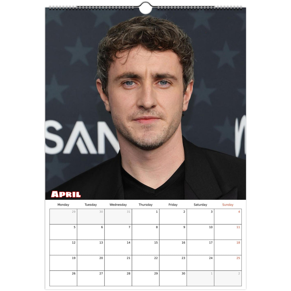 April 2027 page in Paul Mescal A3 wall calendar